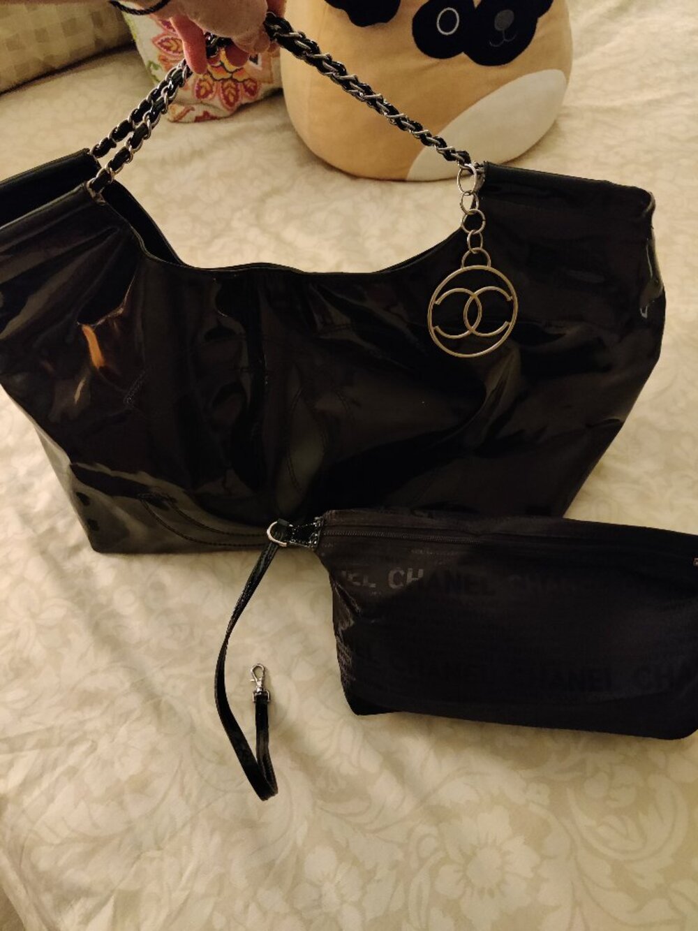 Black Patent Vinyl Chain Link Strap Tote Bag XL